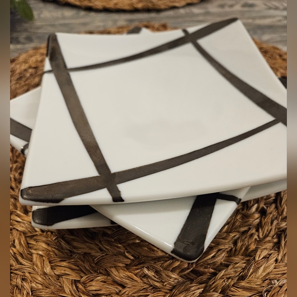 Crate and Barrel Metallic Appetizer Sushi Square Plates Set 3 White Bronze Japan - Picture 4 of 10